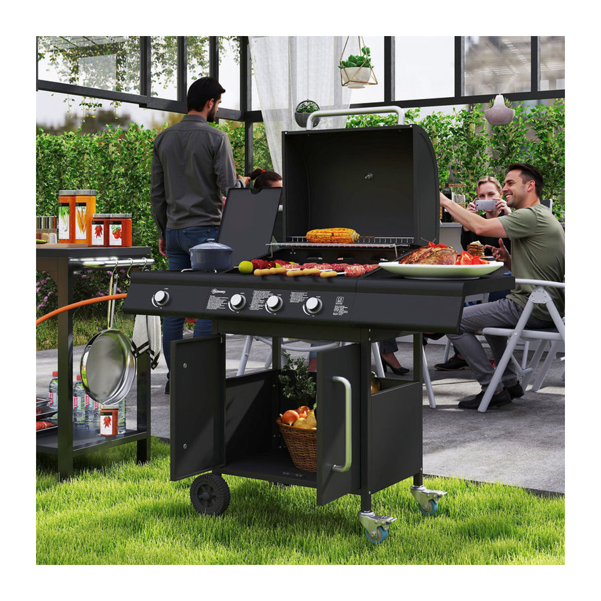 Outsunny Gasgrill aus Edelstahl mit 3+1 Brennern und Seitenbrenner in Schwarz, B/T/H: 118,5 x 56 x 110 cm - Bild 2
