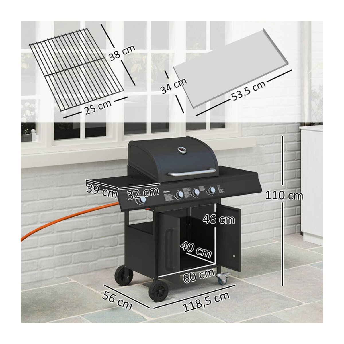Outsunny Gasgrill aus Edelstahl mit 3+1 Brennern und Seitenbrenner in Schwarz, B/T/H: 118,5 x 56 x 110 cm - Bild 3
