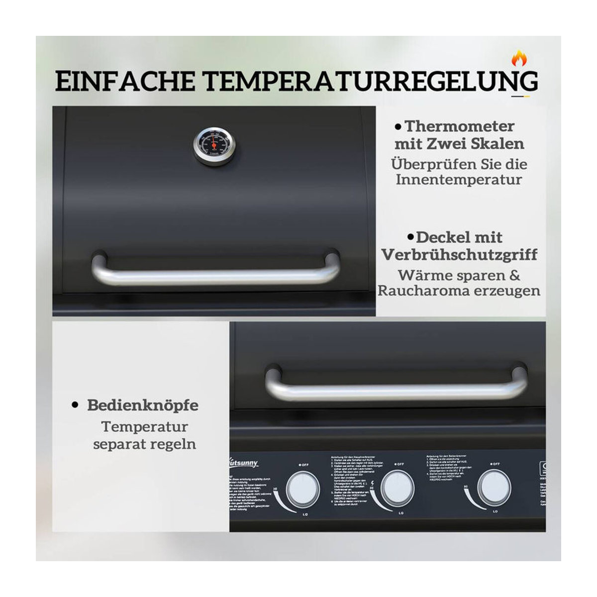 Outsunny Gasgrill aus Edelstahl mit 3+1 Brennern und Seitenbrenner in Schwarz, B/T/H: 118,5 x 56 x 110 cm - Bild 4