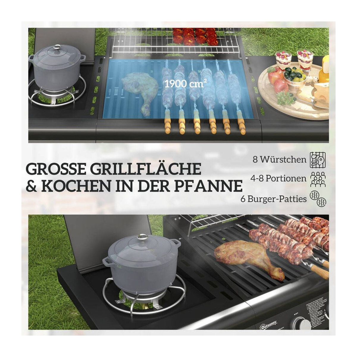 Outsunny Gasgrill aus Edelstahl mit 3+1 Brennern und Seitenbrenner in Schwarz, B/T/H: 118,5 x 56 x 110 cm - Bild 5
