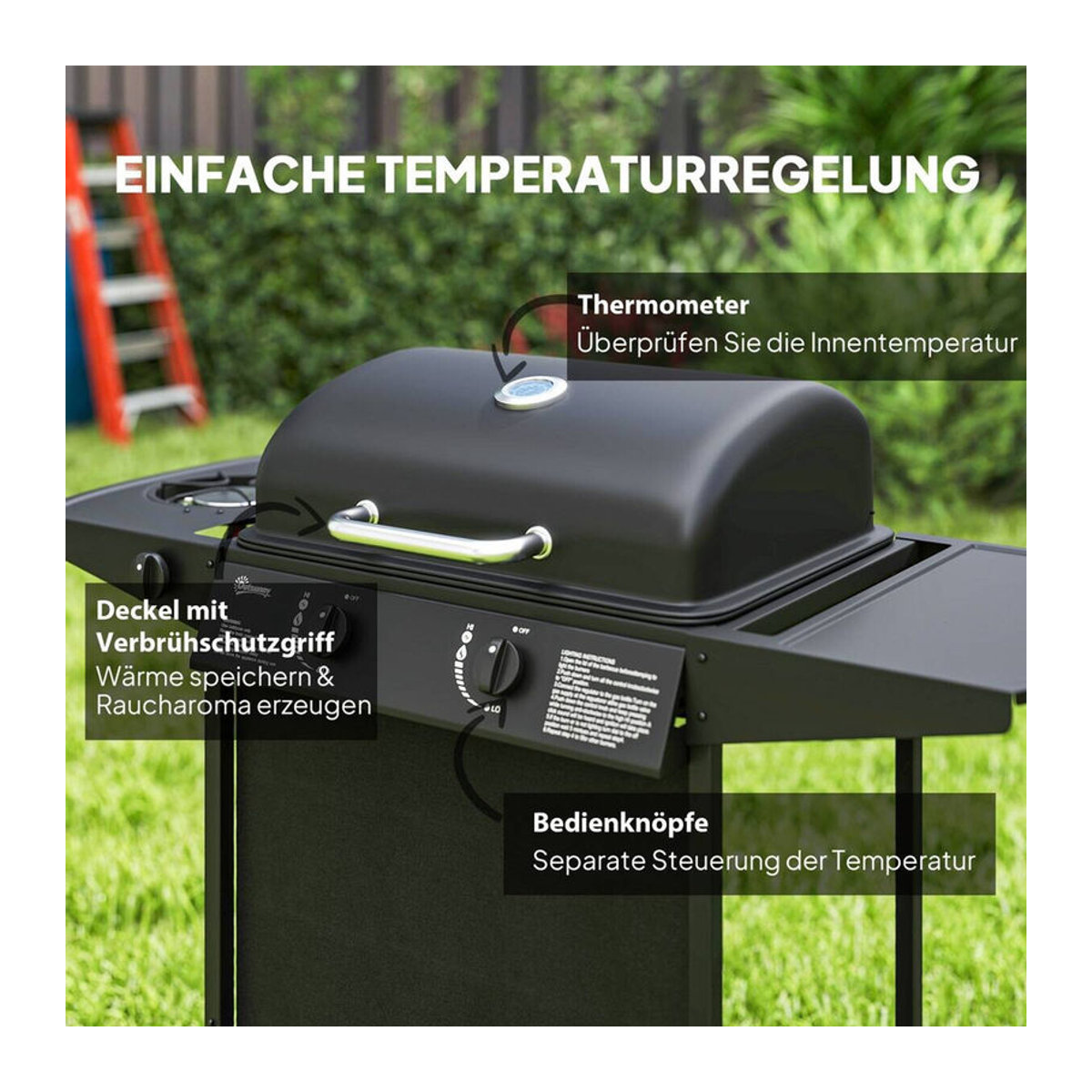 Outsunny Gasgrill aus Stahl in Schwarz B/H/L: 54 x 96 x 107 cm - Bild 3