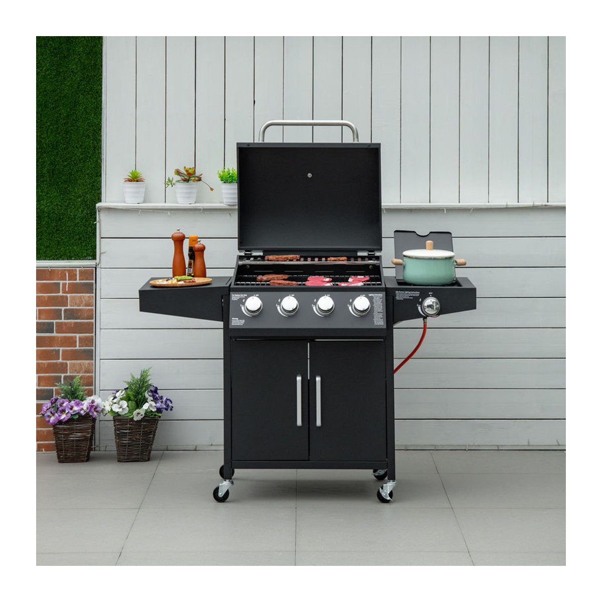 Outsunny Gasgrill BBQ mit 3 Brennern in Schwarz, mobiler Grillwagen mit Seitentischen und Rädern, B/T/H: 132,4 x 55 x 109 cm - Bild 2