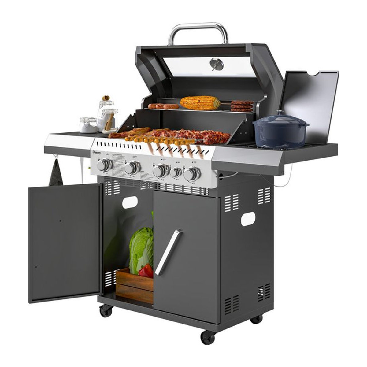 Outsunny Gasgrill mit 5 Brennern und Seitenkocher in Schwarz aus Edelstahl und Stahl, B/H/T: 135 x 110 x 54 cm - Bild 1