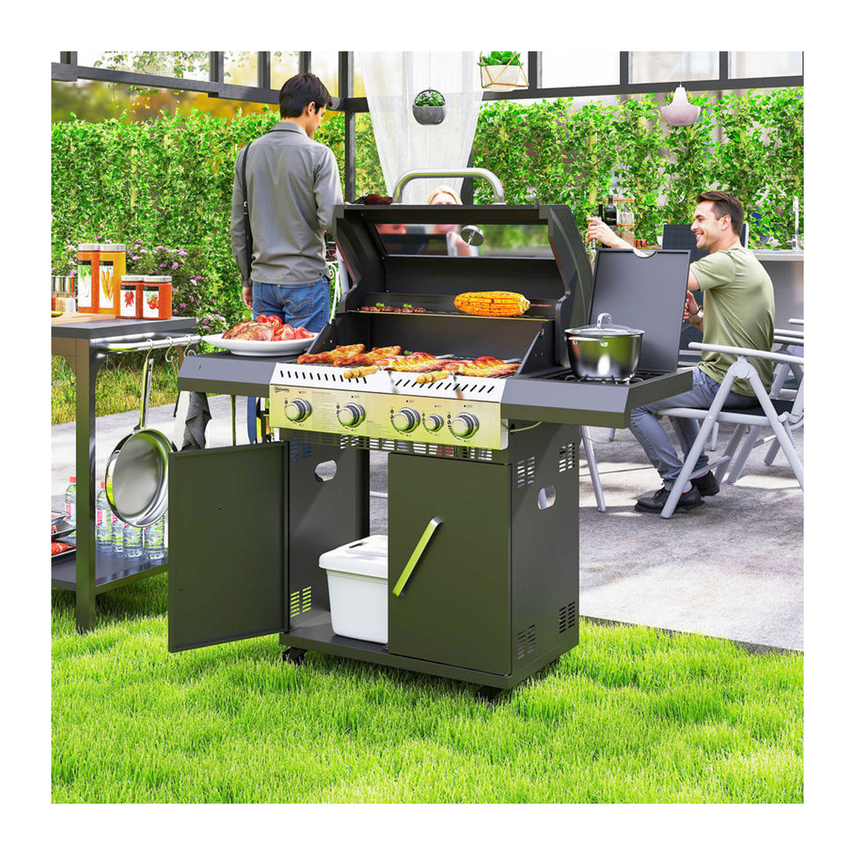 Outsunny Gasgrill mit 5 Brennern und Seitenkocher in Schwarz aus Edelstahl und Stahl, B/H/T: 135 x 110 x 54 cm - Bild 2