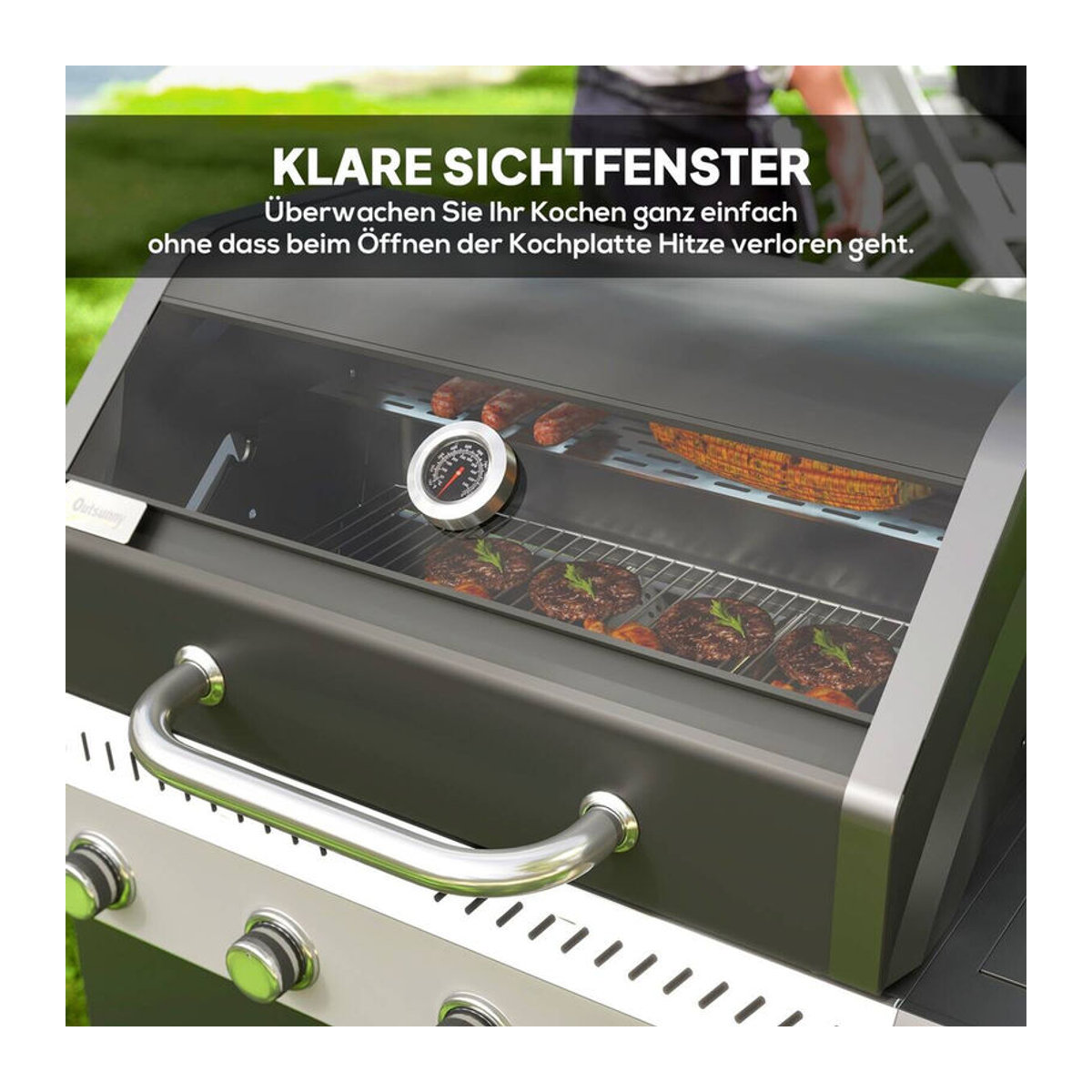 Outsunny Gasgrill mit 5 Brennern und Seitenkocher in Schwarz aus Edelstahl und Stahl, B/H/T: 135 x 110 x 54 cm - Bild 3