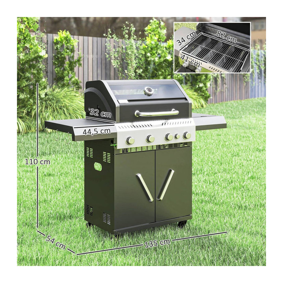Outsunny Gasgrill mit 5 Brennern und Seitenkocher in Schwarz aus Edelstahl und Stahl, B/H/T: 135 x 110 x 54 cm - Bild 4