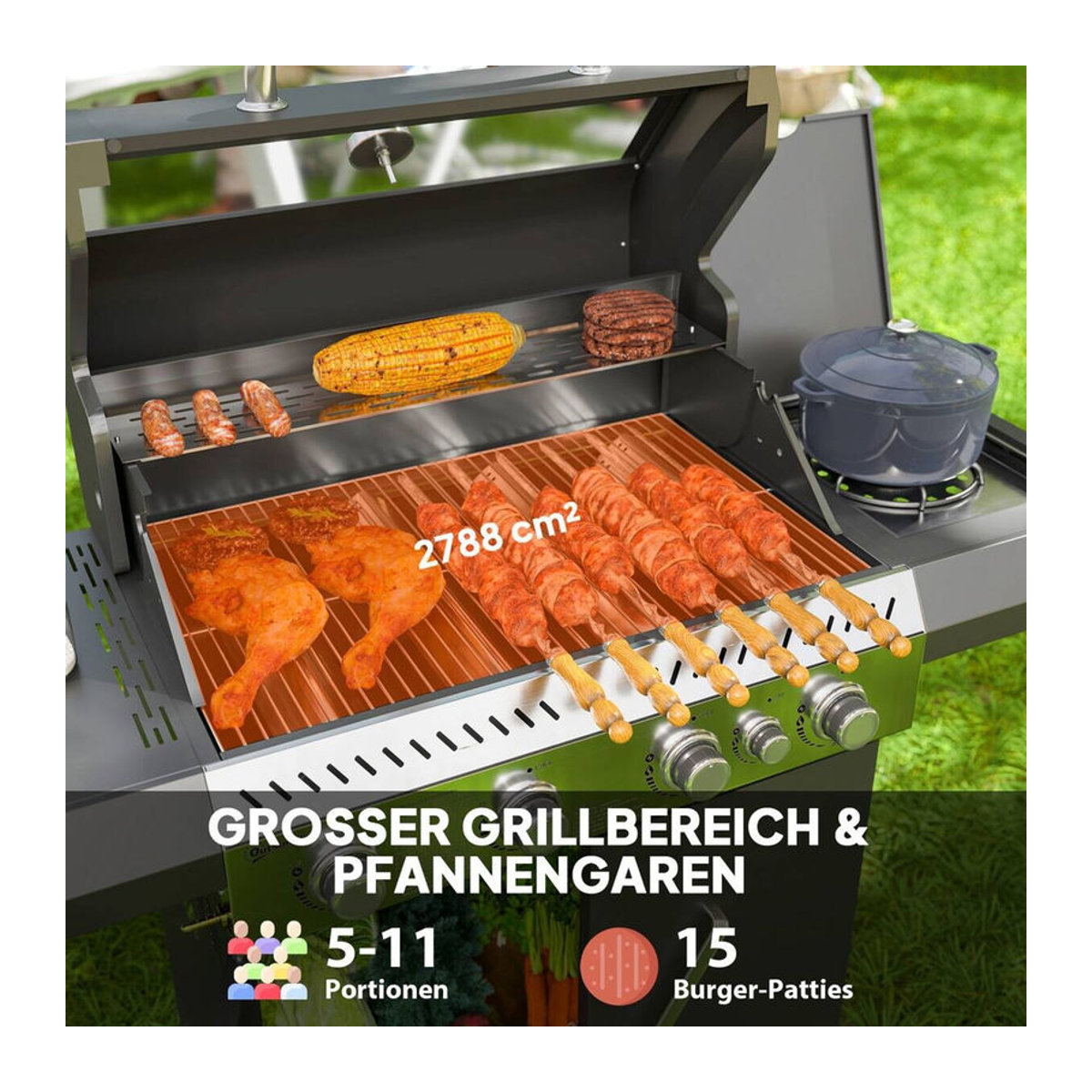 Outsunny Gasgrill mit 5 Brennern und Seitenkocher in Schwarz aus Edelstahl und Stahl, B/H/T: 135 x 110 x 54 cm - Bild 5