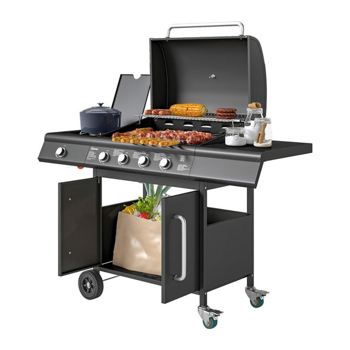 Outsunny Gasgrill mit 5 Edelstahl-Brennern und Seitenkocher in Schwarz und Edelstahl, B/H/L: 129,5 x 56 x 110 cm - Bild 1