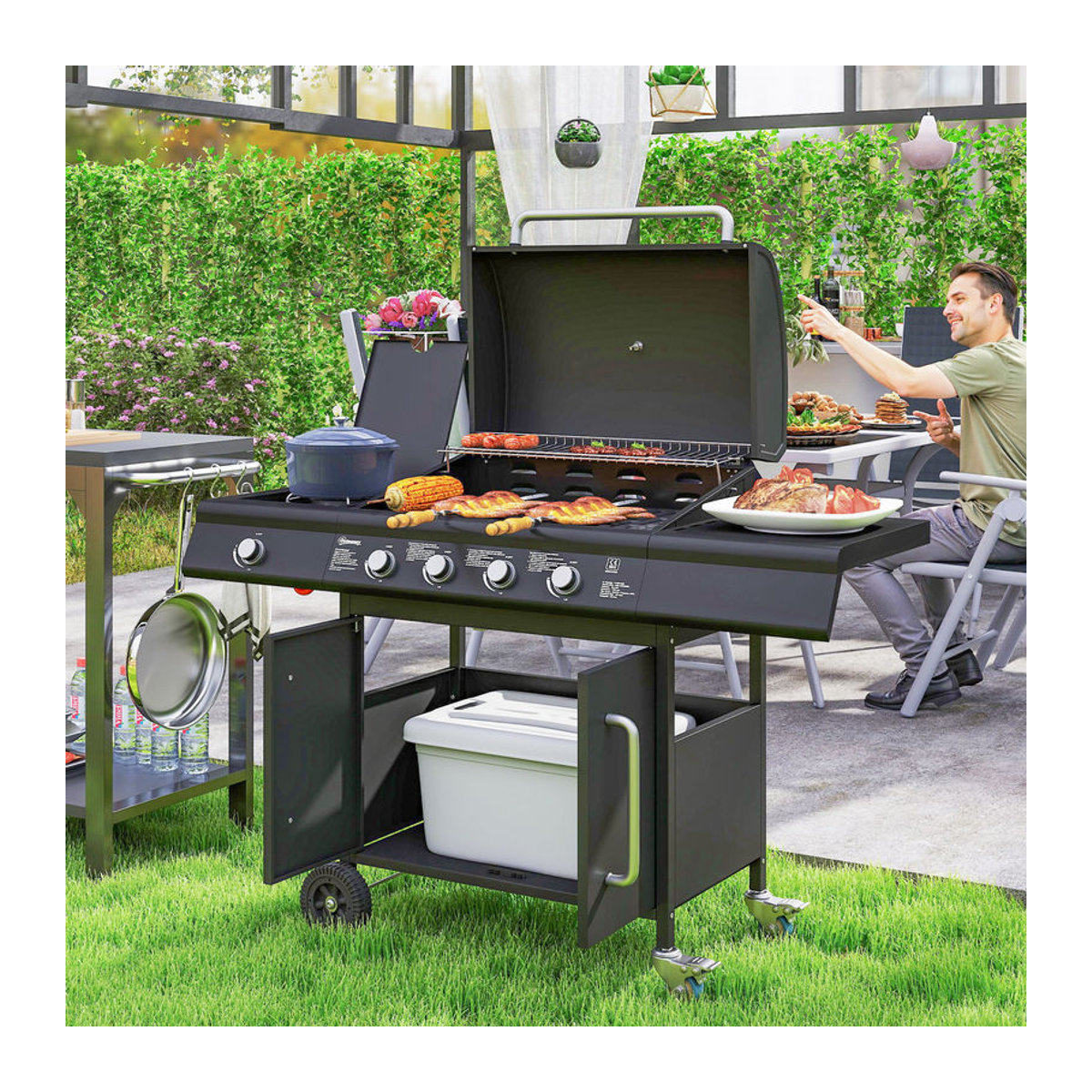 Outsunny Gasgrill mit 5 Edelstahl-Brennern und Seitenkocher in Schwarz und Edelstahl, B/H/L: 129,5 x 56 x 110 cm - Bild 2