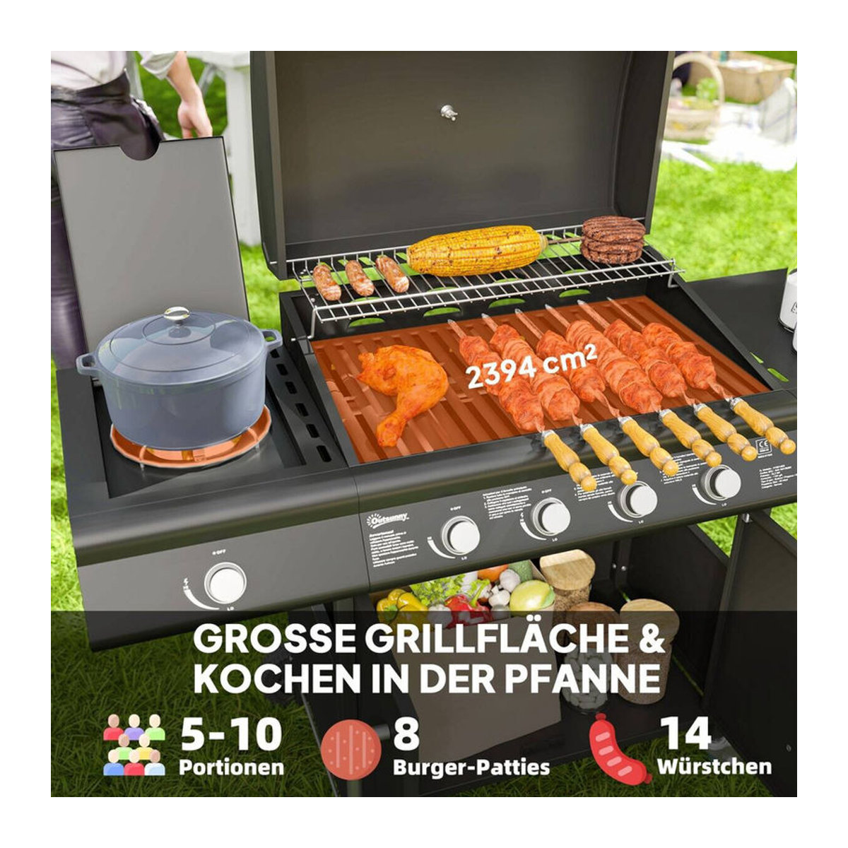 Outsunny Gasgrill mit 5 Edelstahl-Brennern und Seitenkocher in Schwarz und Edelstahl, B/H/L: 129,5 x 56 x 110 cm - Bild 3