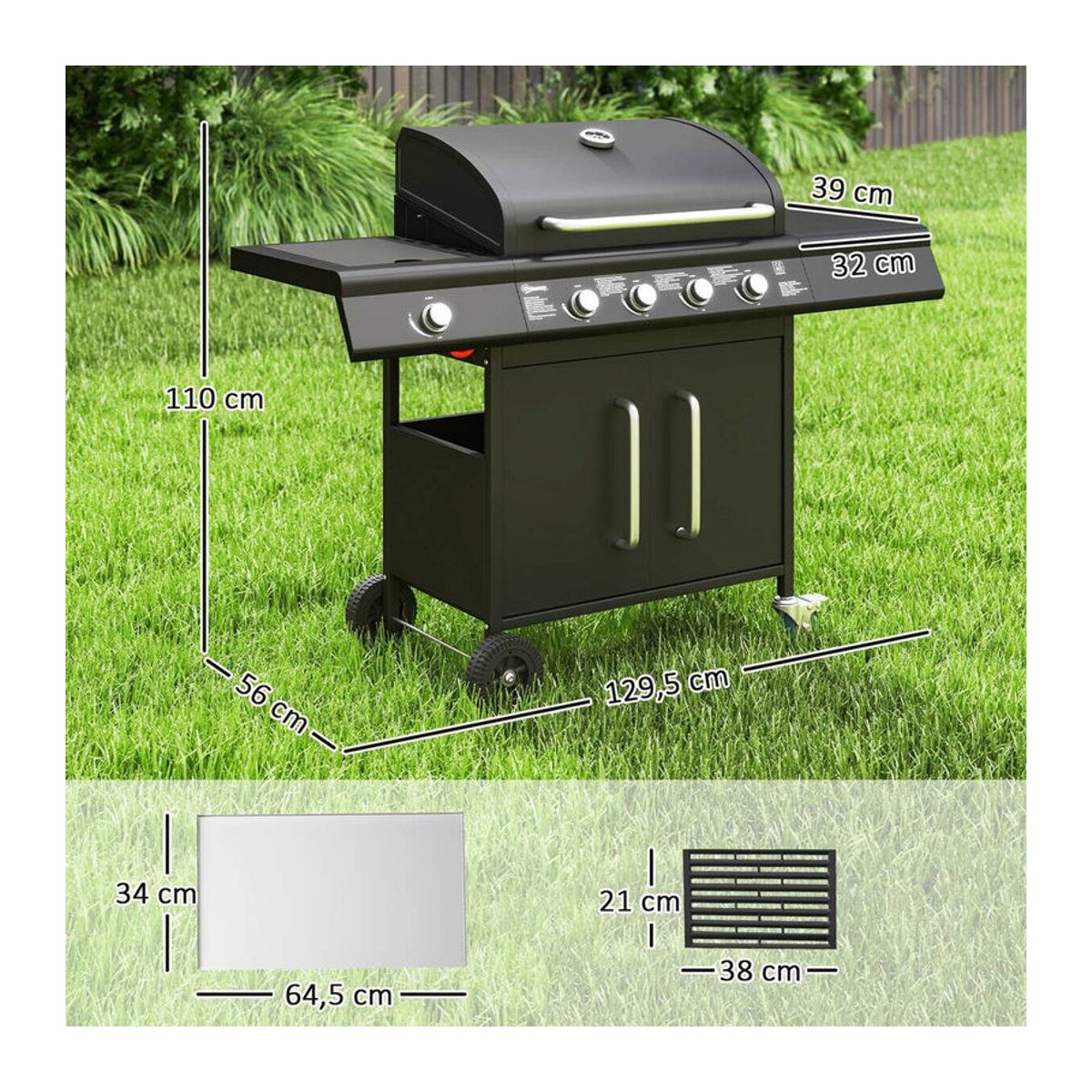 Outsunny Gasgrill mit 5 Edelstahl-Brennern und Seitenkocher in Schwarz und Edelstahl, B/H/L: 129,5 x 56 x 110 cm - Bild 4