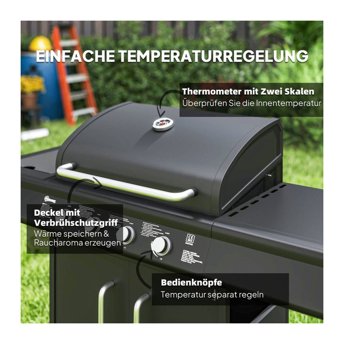 Outsunny Gasgrill mit 5 Edelstahl-Brennern und Seitenkocher in Schwarz und Edelstahl, B/H/L: 129,5 x 56 x 110 cm - Bild 5