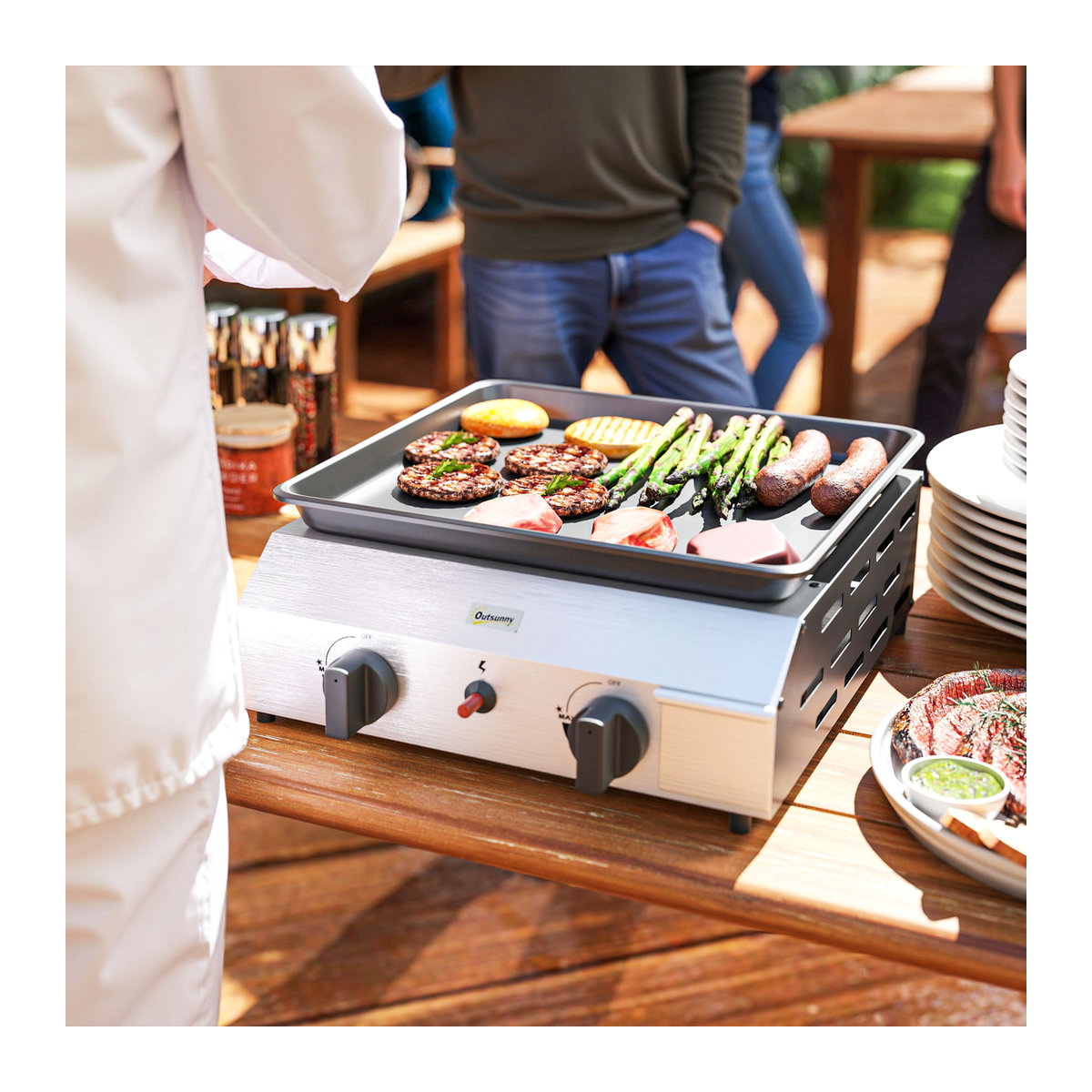 Outsunny Gasgrill mit Kochplatte und 2 Edelstahl-Brennern in Schwarz und Silber, B/T/H: 44 x 44,5 x 19 cm - Bild 2
