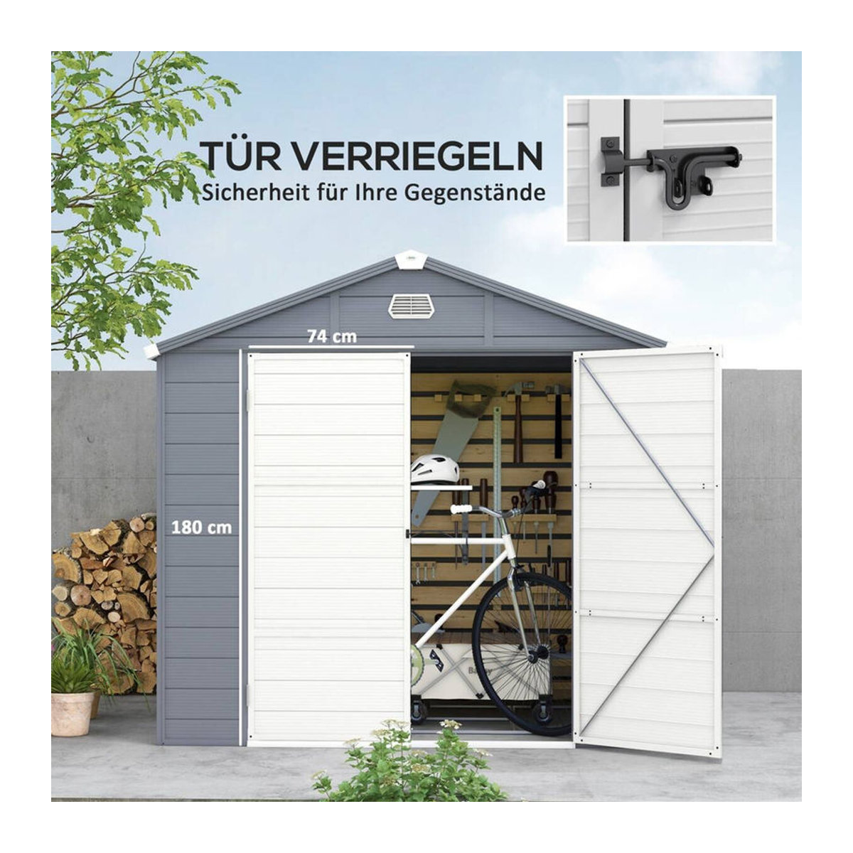 Outsunny Gerätehaus aus Aluminium und Kunststoff mit Pultdach, Fenster und abschließbarer Tür, Grau, B/T/H: 240 x 190 x 180/228 cm - Bild 5