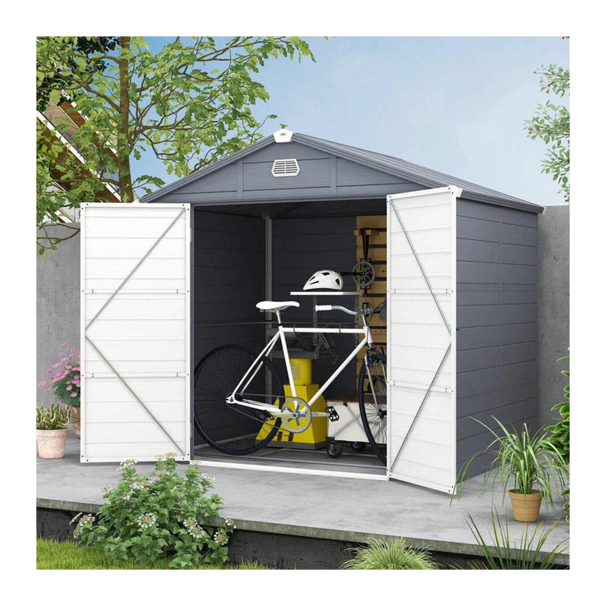 Outsunny Gerätehaus aus Aluminium und Kunststoff mit Pultdach, Fenster und abschließbarer Tür, Grau, B/T/H: 240 x 190 x 180/228 cm - Bild 6