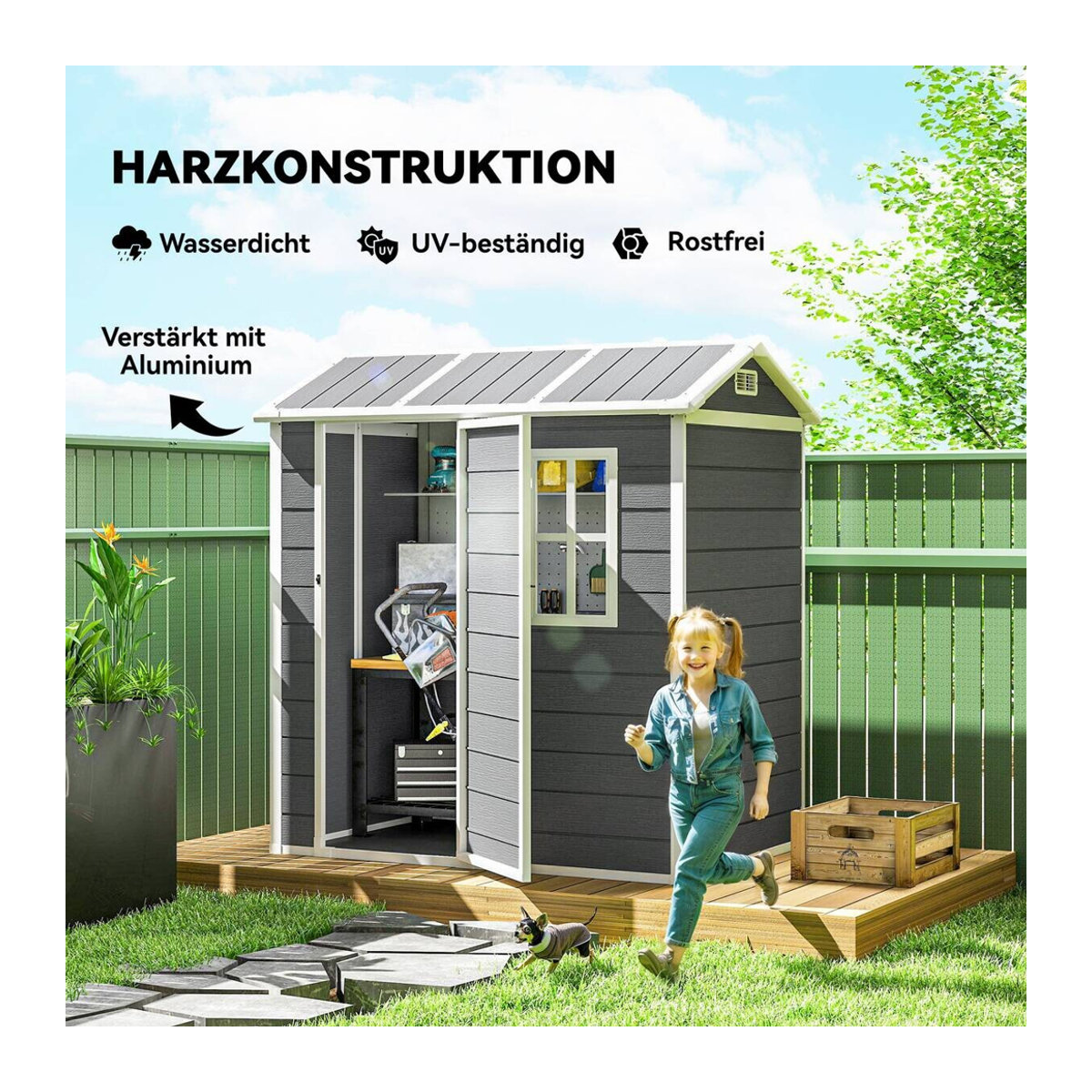 Outsunny Gerätehaus aus Kunststoff mit Satteldach und Fenster in Grau, B/T/H: 130 x 64 x 199 cm - Bild 5