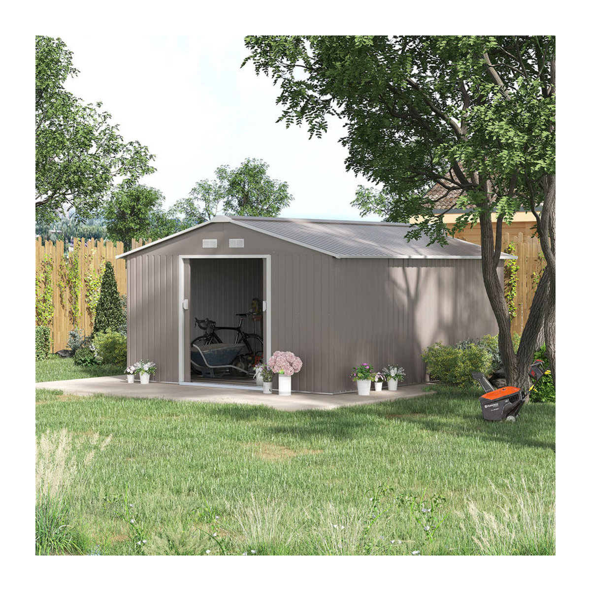 Outsunny Gerätehaus aus Metall in Grau mit Pultdach und Schiebetür, B/L/H: 340 x 386 x 200 cm - Bild 1