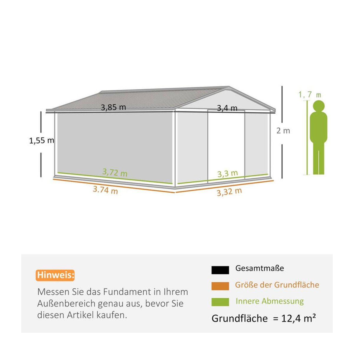 Outsunny Gerätehaus aus Metall in Grau mit Pultdach und Schiebetür, B/L/H: 340 x 386 x 200 cm - Bild 2