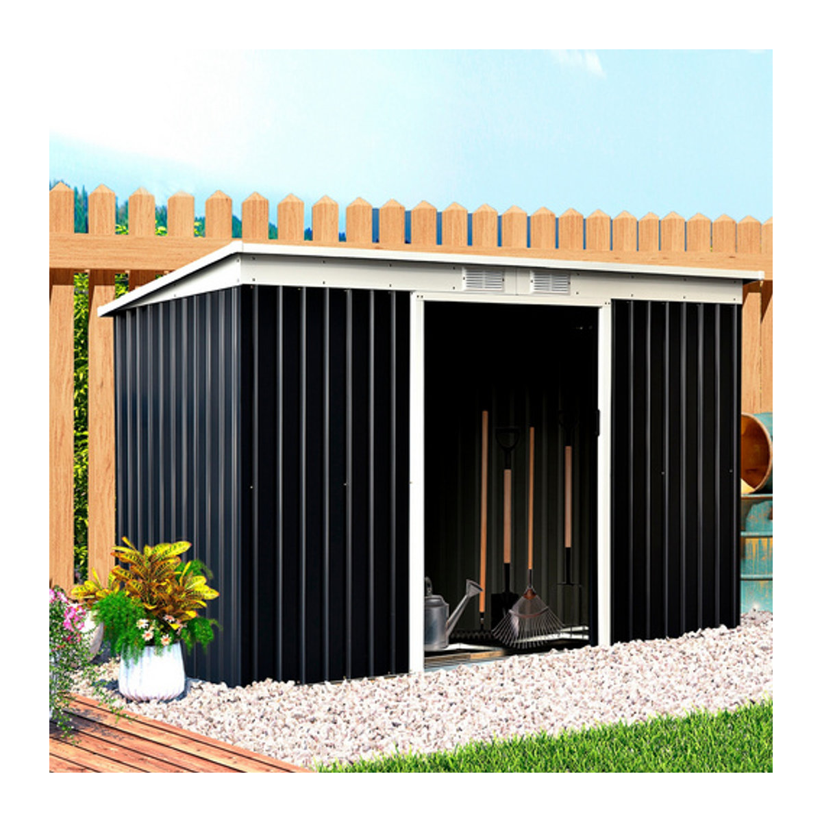 Outsunny Gerätehaus aus Metall in Grau und Schwarz mit Schiebetüren, B/H/T: 280 x 173 x 130 cm - Bild 6