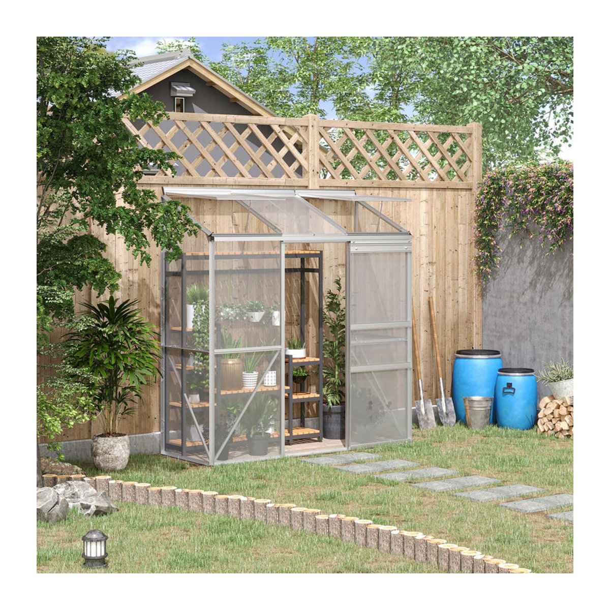 Outsunny Gewächshaus aus Aluminium und Polycarbonat mit Schiebetür und Dachfenstern, Silber/Grau, B/T/H: 192 x 68 x 196 cm - Bild 2