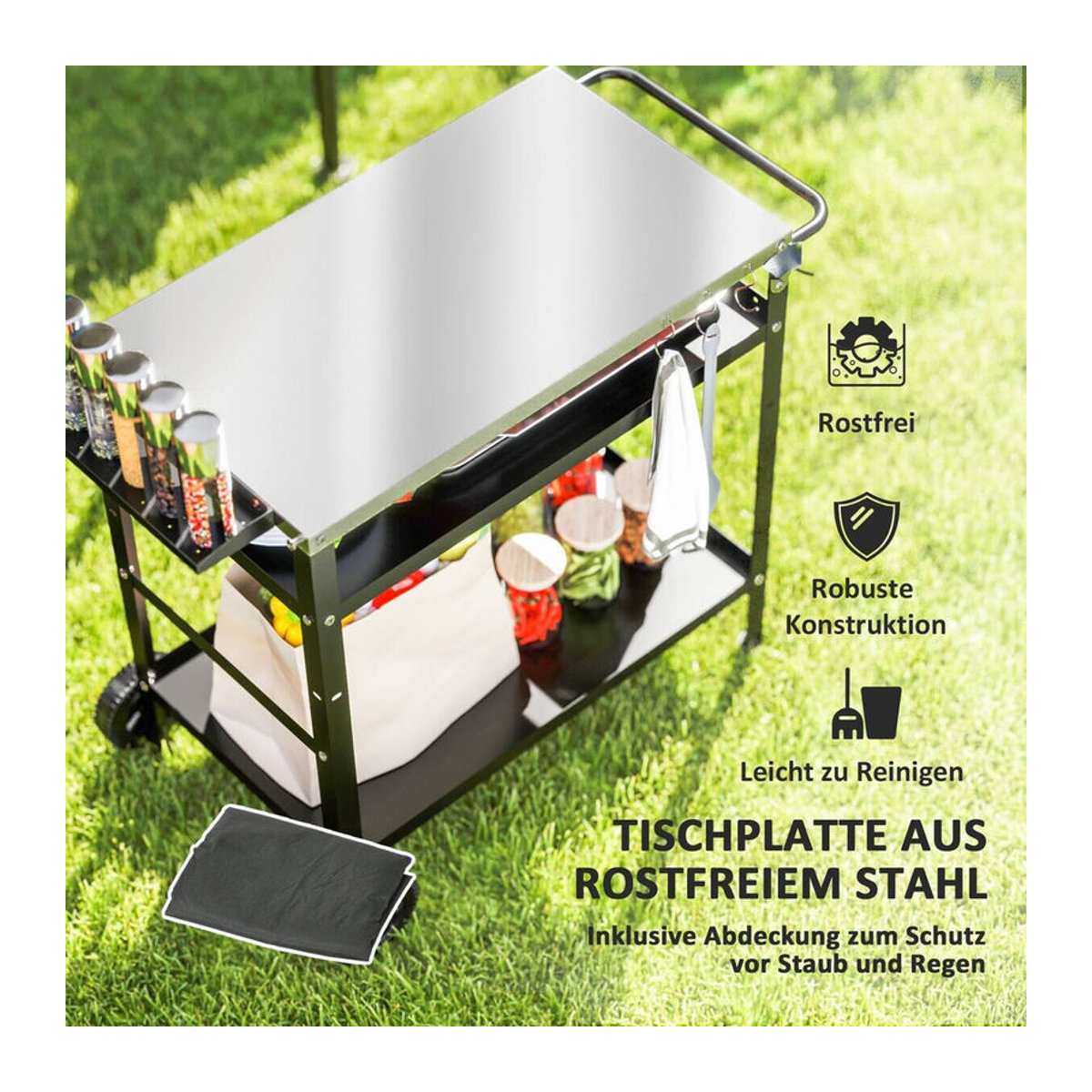 Outsunny Grillwagen aus Edelstahl und Metall mit 3 Etagen in Schwarz und Silber, B/T/H: 100 x 52 x 80 cm - Bild 3