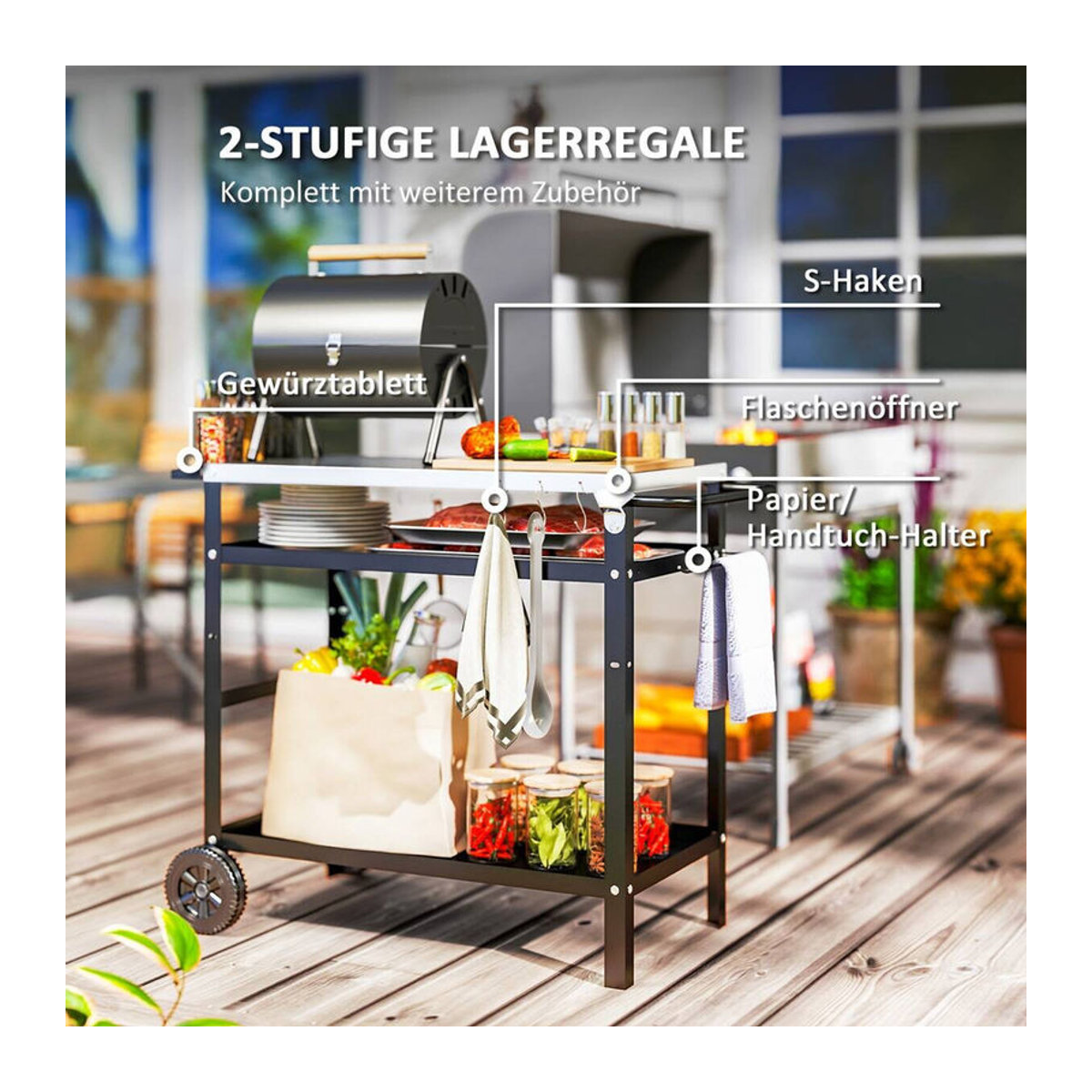 Outsunny Grillwagen aus Edelstahl und Metall mit 3 Etagen in Schwarz und Silber, B/T/H: 100 x 52 x 80 cm - Bild 4