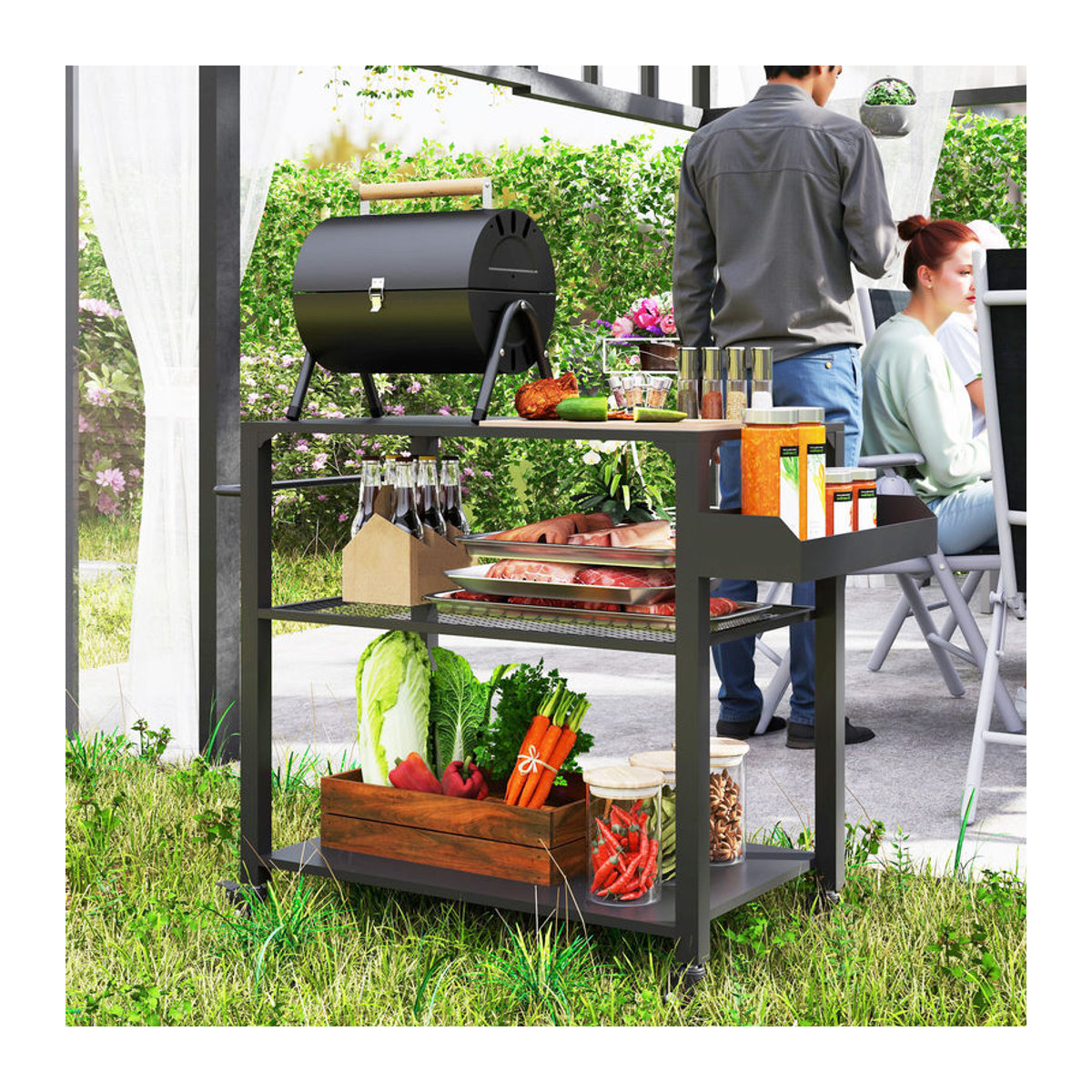 Outsunny Grillwagen aus Edelstahl und Metall mit 3 Etagen und Arbeitsfläche, Schwarz, B/T/H: 50 x 50 x 79 cm - Bild 2