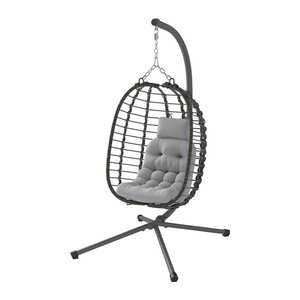 Outsunny Hängender Rattansessel mit Polsterung und Kopfstütze in Grau, klappbarer Gartensessel aus Polyrattan und Stahl für Innen und Außen