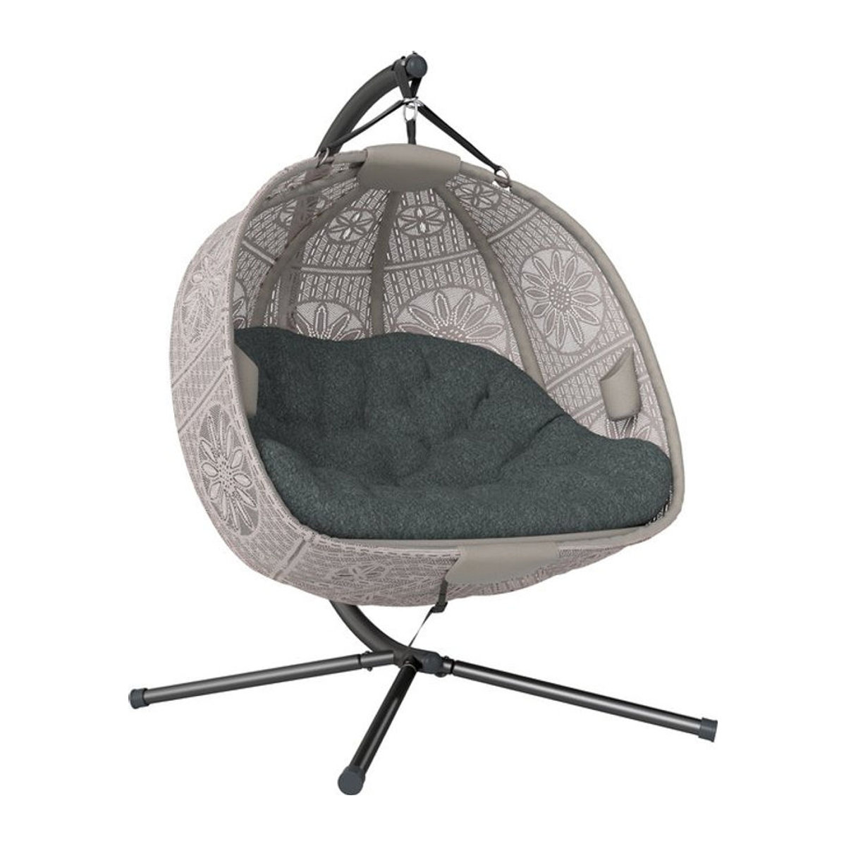 Outsunny Hängesessel für 2 Personen mit Gestell und Kissen im Bohemian-Stil aus Blumen-Strickstoff und Stahl in Beige, Schwarz oder Grau - Bild 1