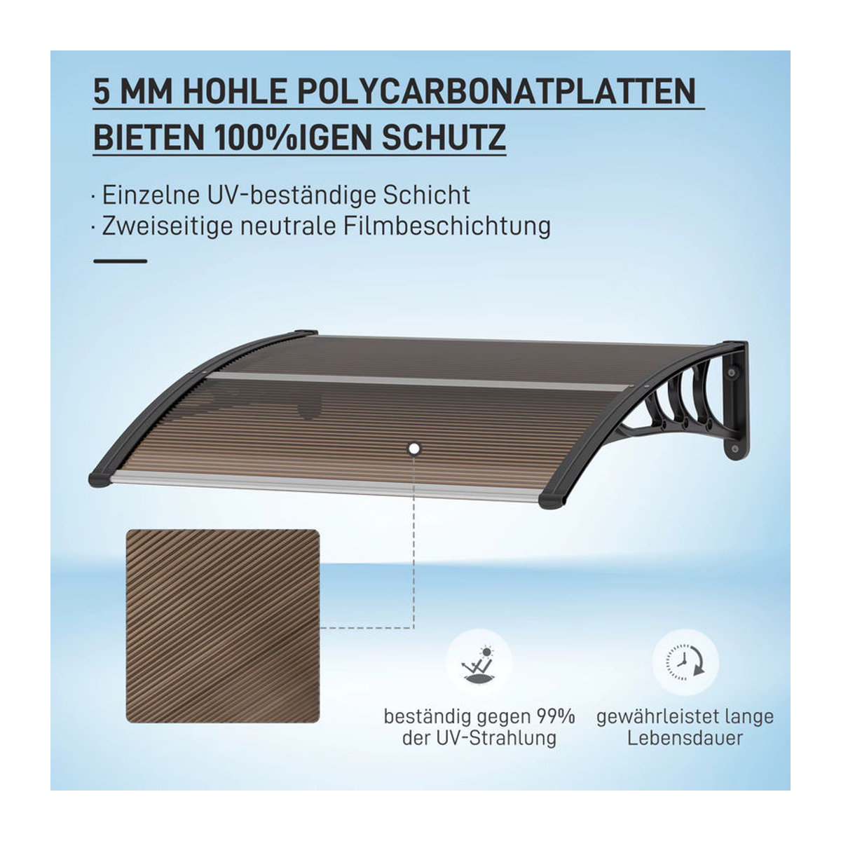 Outsunny Haustürvordach Pultvordach Überdachung aus Polycarbonat in Braun, B: 120 cm, T: 75 cm - Bild 3