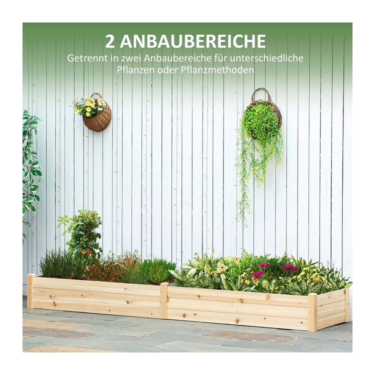 Outsunny Hochbeet aus Massivholz mit 2 Pflanzbereichen und Vlies-Innenverkleidung, Natur, B/H/L: 61,5 x 27 x 244 cm - Bild 5