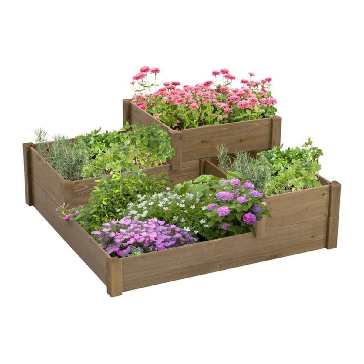 Outsunny Hochbeet aus Massivholz mit 3 Stufen für Gemüse Kräuter und Blumen, Braun, B/H/L: 122 x 51 x 122 cm - Bild 1