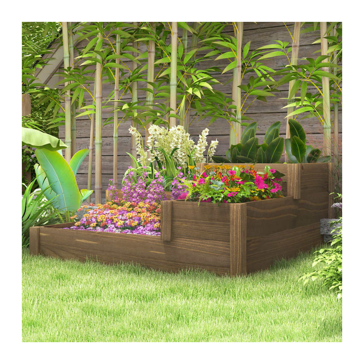 Outsunny Hochbeet aus Massivholz mit 3 Stufen für Gemüse Kräuter und Blumen, Braun, B/H/L: 122 x 51 x 122 cm - Bild 6