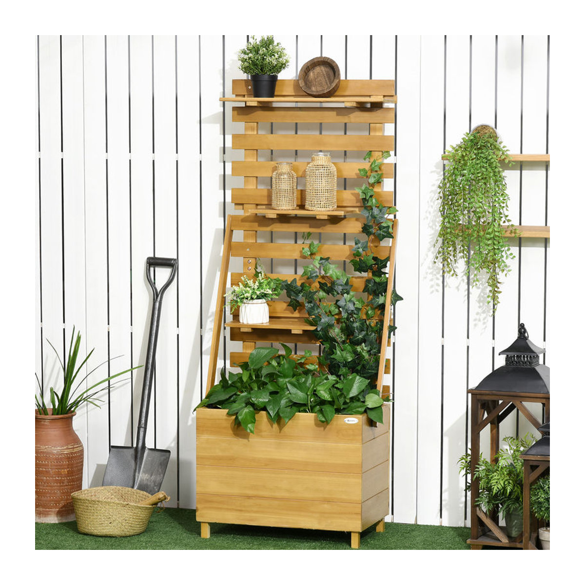 Outsunny Hochbeet aus Massivholz mit Rankgitter und 3 Ablagen in Braun, B/T/H: 63 x 39 x 160 cm - Bild 2
