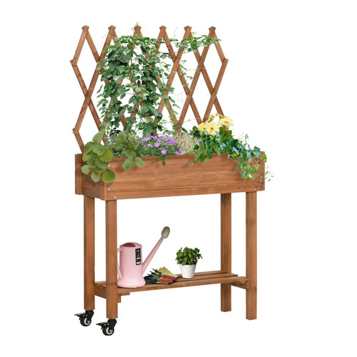 Outsunny Hochbeet aus Massivholz mit Rankgitter und Rollen in Braun, B/T/H: 79 x 29 x 130 cm - Bild 1