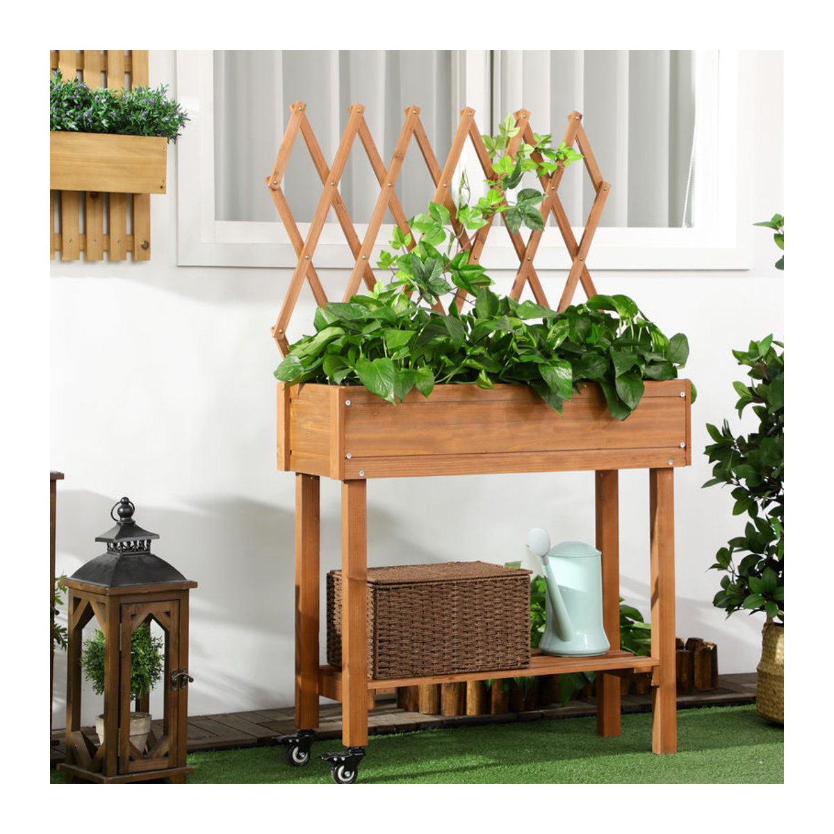 Outsunny Hochbeet aus Massivholz mit Rankgitter und Rollen in Braun, B/T/H: 79 x 29 x 130 cm - Bild 2