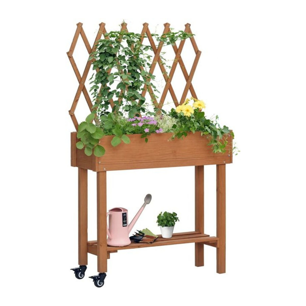 Outsunny Hochbeet aus Massivholz mit Rankgitter und Rollen in Braun, B/T/H: 79 x 29 x 130 cm - Bild 3