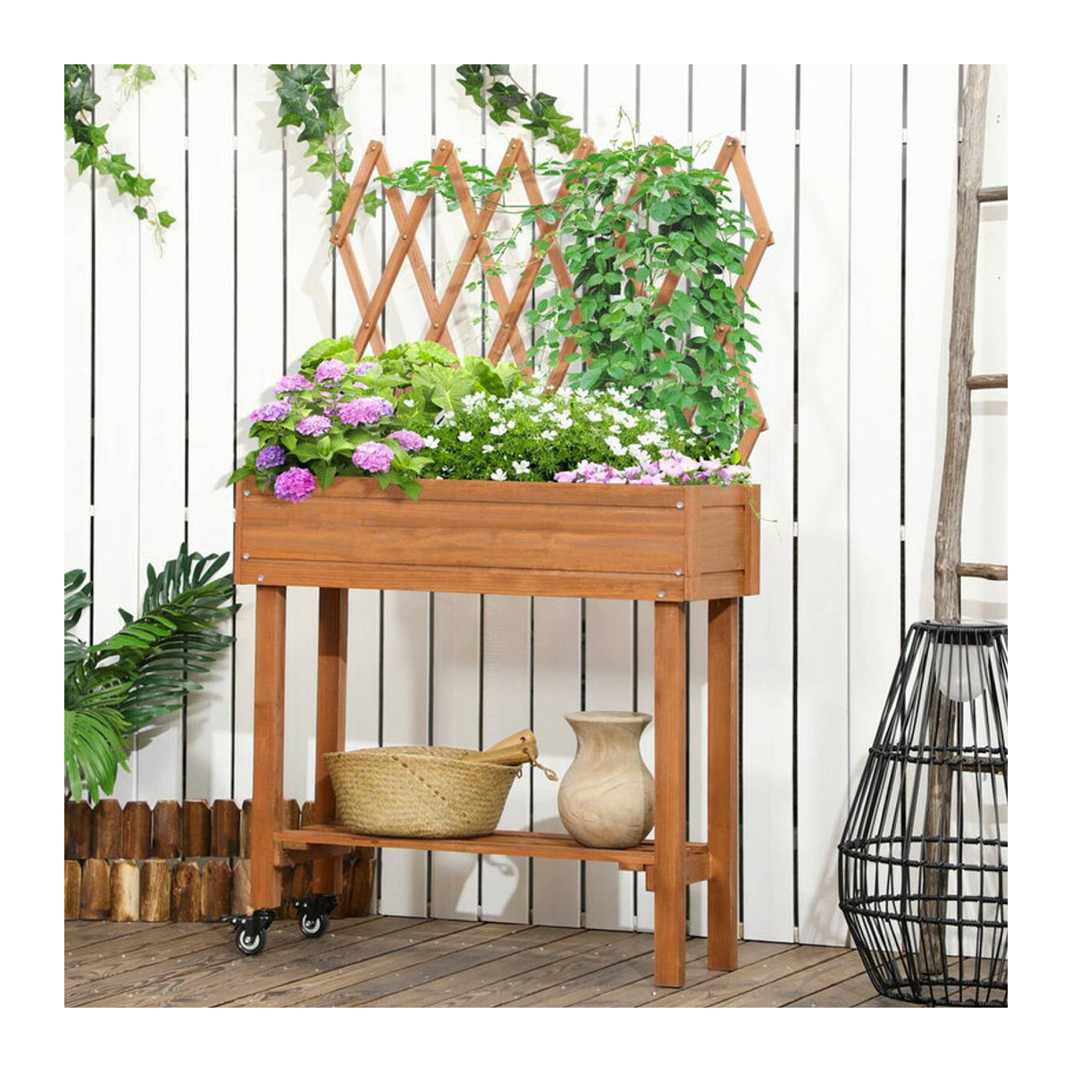 Outsunny Hochbeet aus Massivholz mit Rankgitter und Rollen in Braun, B/T/H: 79 x 29 x 130 cm - Bild 5
