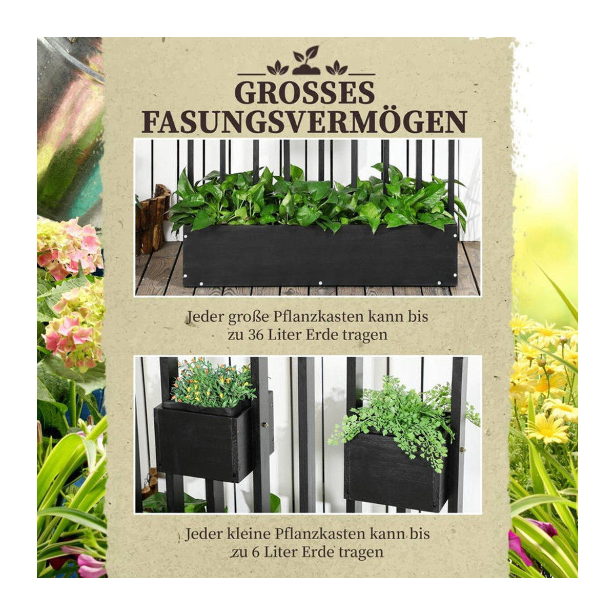 Outsunny Hochbeet Blumenkasten mit Rankhilfe aus massivem Holz, Schwarz, H x B x T: 170 x 90 x 45 cm - Bild 3