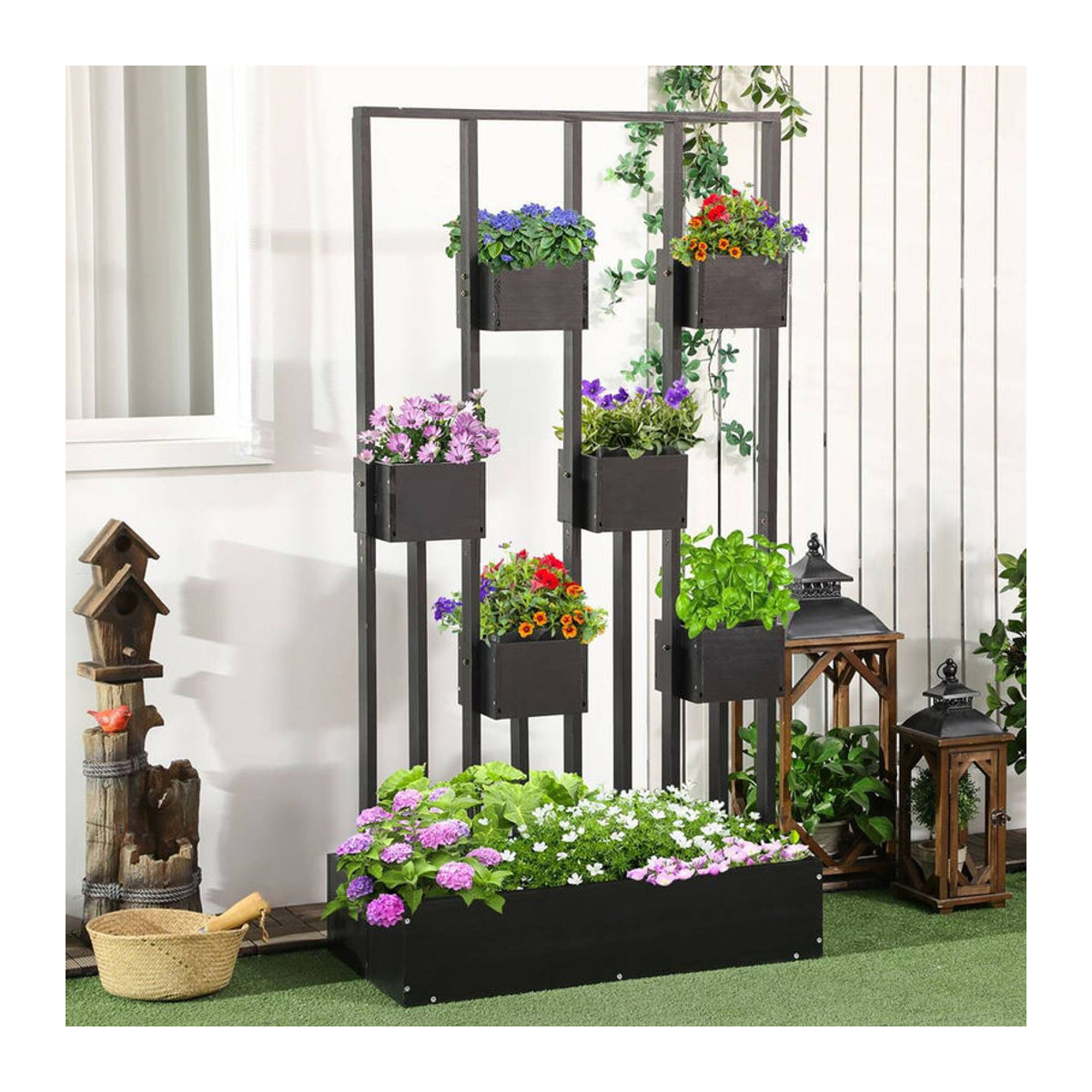 Outsunny Hochbeet Blumenkasten mit Rankhilfe aus massivem Holz, Schwarz, H x B x T: 170 x 90 x 45 cm - Bild 6