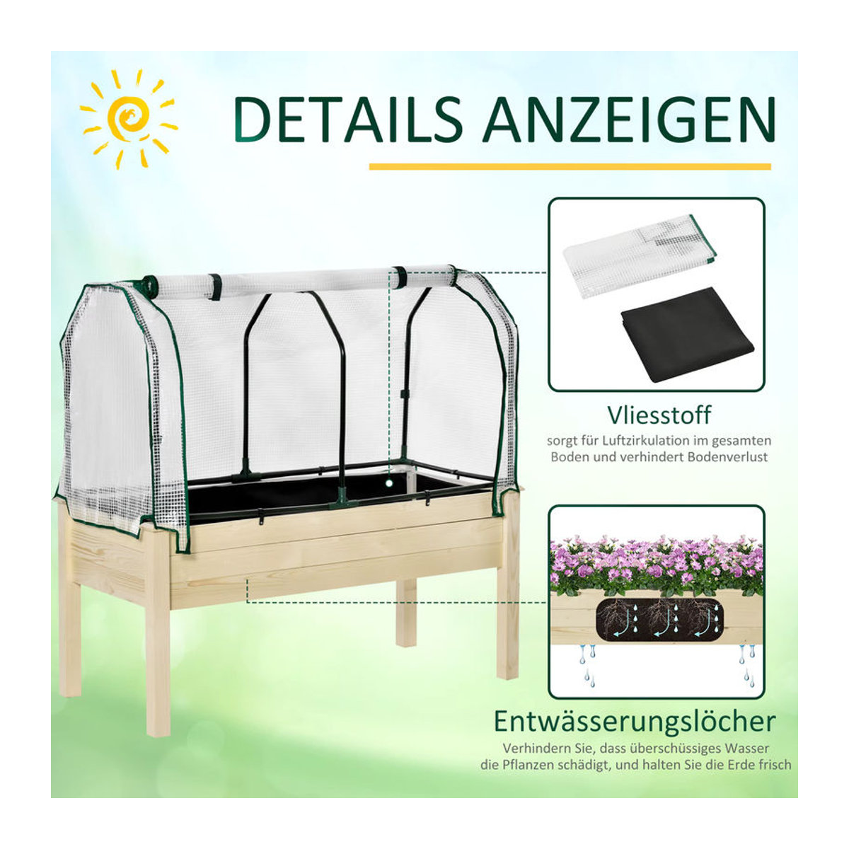 Outsunny Hochbeet Frühbeet mit Gewächshaus aus Massivholz und Stahl in Natur/Beige, B/T/H: 55 x 121 x 117 cm - Bild 7