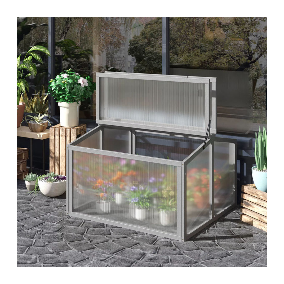 Outsunny Hochbeet Gewächshaus aus Massivholz und Polycarbonat in Grau, B/T/H: 80 x 80 x 90 cm - Bild 6