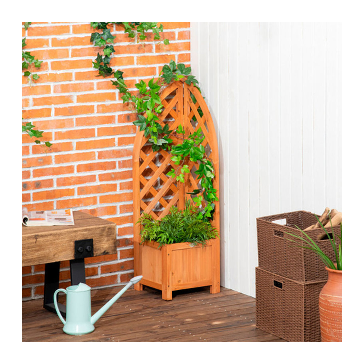 Outsunny Hochbeet mit Rankhilfe aus Holz in Braun, B/T/H: 32 x 32 x 108 cm - Bild 4