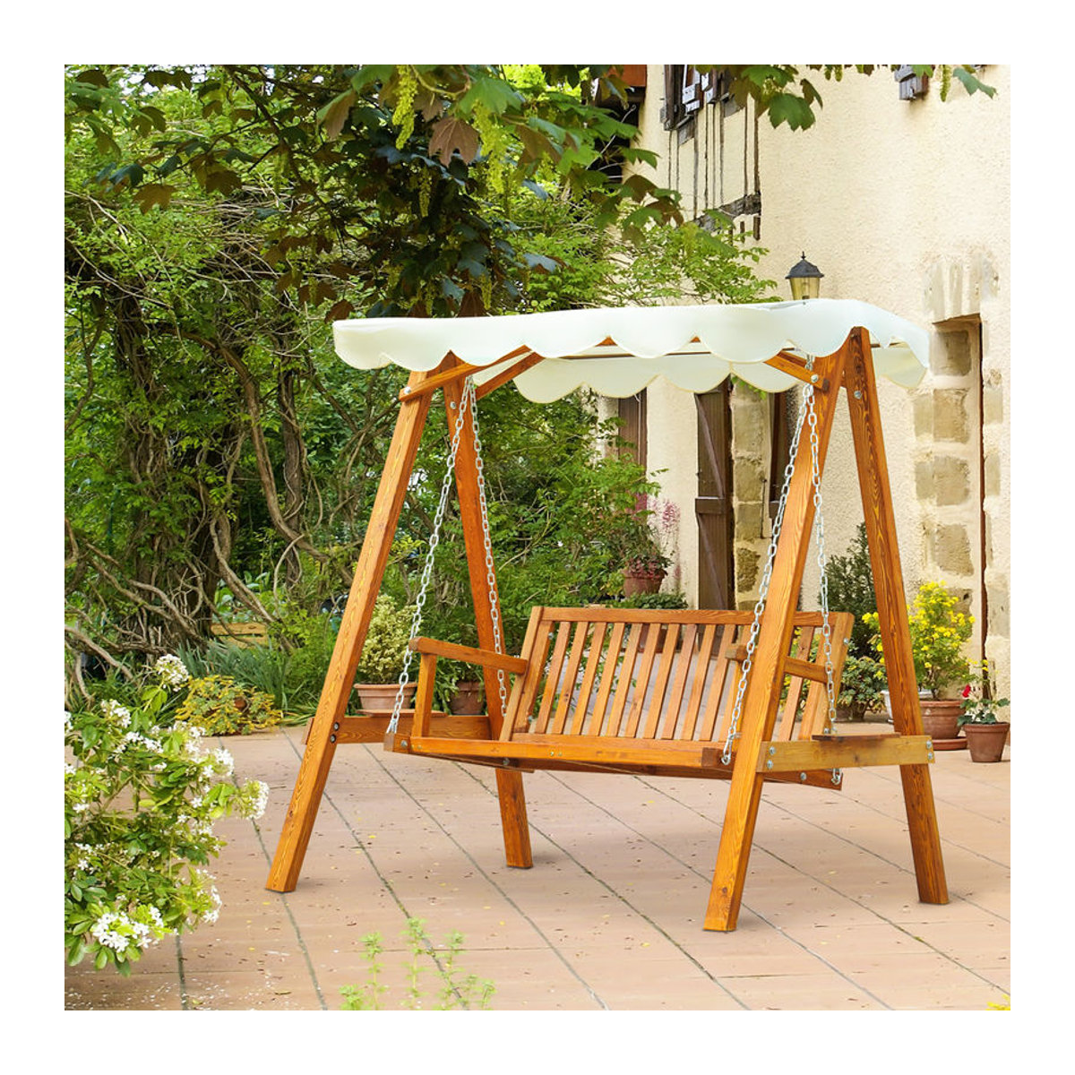Outsunny Hollywoodschaukel 2-Sitzer aus Holz in Landhaus-Design, beige - Bild 2