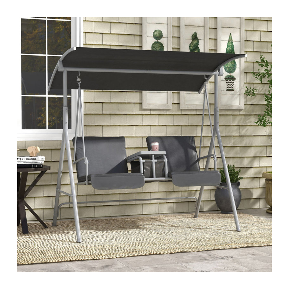 Outsunny Hollywoodschaukel 2-Sitzer mit Baldachin und Tablett aus Metall und Polyester, Schwarz und Grau, B/H/L: 110 x 165 x 175 cm - Bild 2