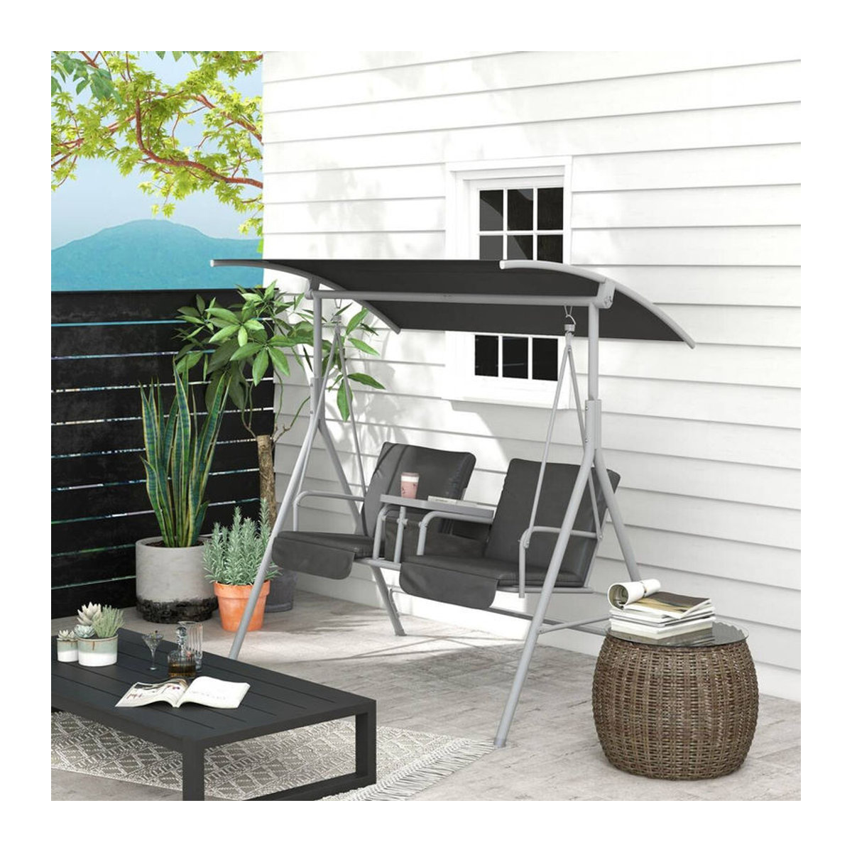 Outsunny Hollywoodschaukel 2-Sitzer mit Baldachin und Tablett aus Metall und Polyester, Schwarz und Grau, B/H/L: 110 x 165 x 175 cm - Bild 4