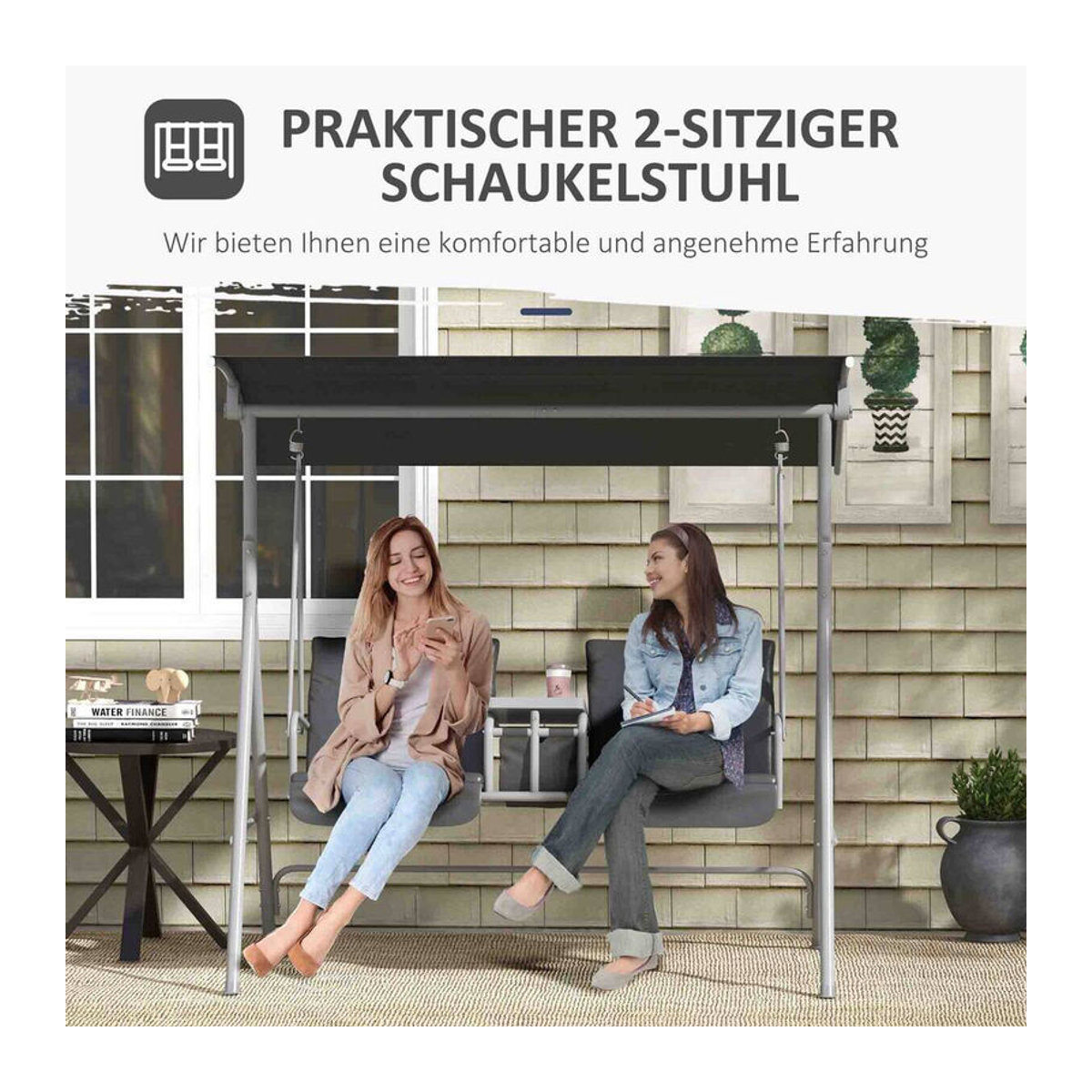 Outsunny Hollywoodschaukel 2-Sitzer mit Baldachin und Tablett aus Metall und Polyester, Schwarz und Grau, B/H/L: 110 x 165 x 175 cm - Bild 5