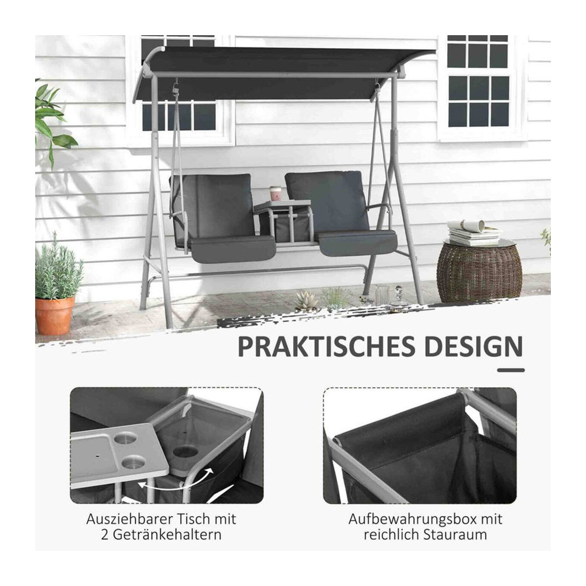 Outsunny Hollywoodschaukel 2-Sitzer mit Baldachin und Tablett aus Metall und Polyester, Schwarz und Grau, B/H/L: 110 x 165 x 175 cm - Bild 6