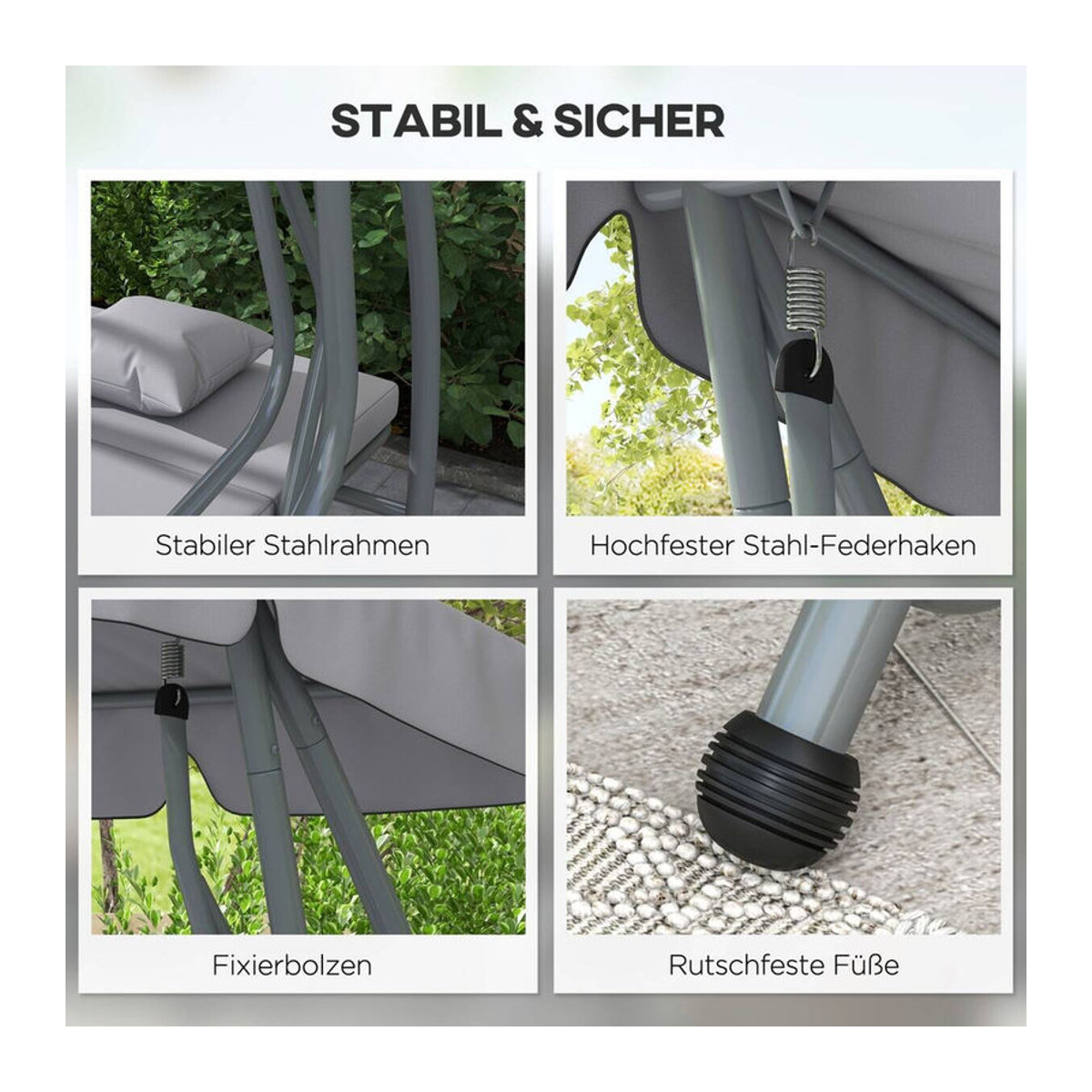 Outsunny Hollywoodschaukel 3-Sitzer Grau mit Liegefunktion, verstellbarem Dach und klappbarem Beistelltisch, B/H/L: 120 x 164 x 200 cm - Bild 1