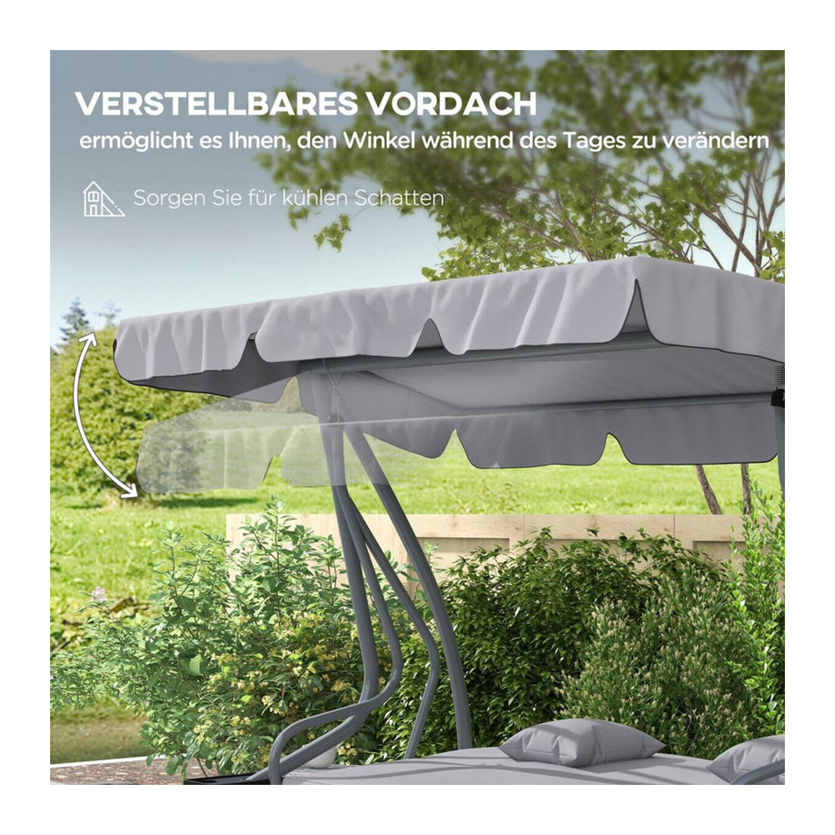 Outsunny Hollywoodschaukel 3-Sitzer Grau mit Liegefunktion, verstellbarem Dach und klappbarem Beistelltisch, B/H/L: 120 x 164 x 200 cm - Bild 3